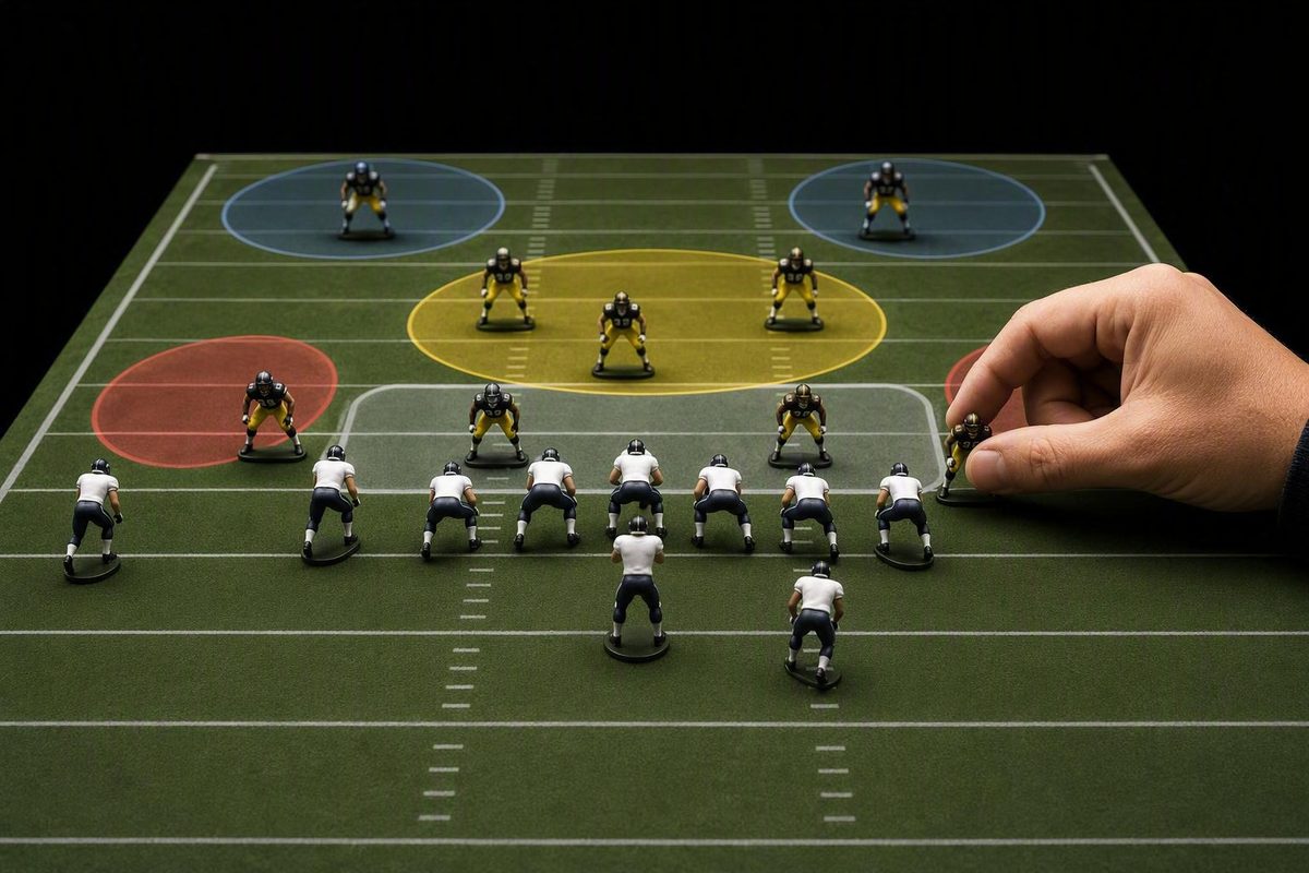 Illustration of an offense facing a defensive football formation.